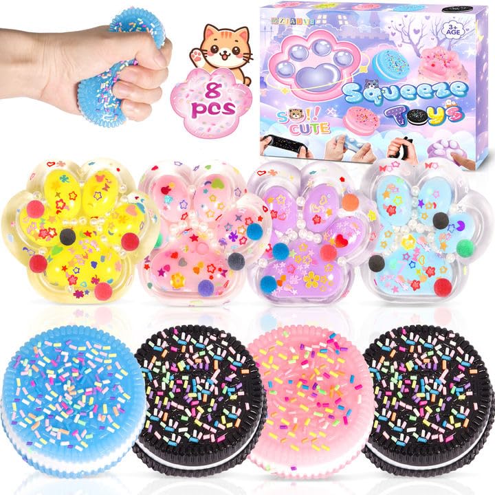 JUKOTA 2 Pièces Biscuit Stress Relief Toy Et 4 Pièces Jouets Squishy Mini Pattes Chat,Jouet Sensoriel Presser Montessori,Doux,Amusant Et Anti-Stress,pour Autisme Accessoires Jeux