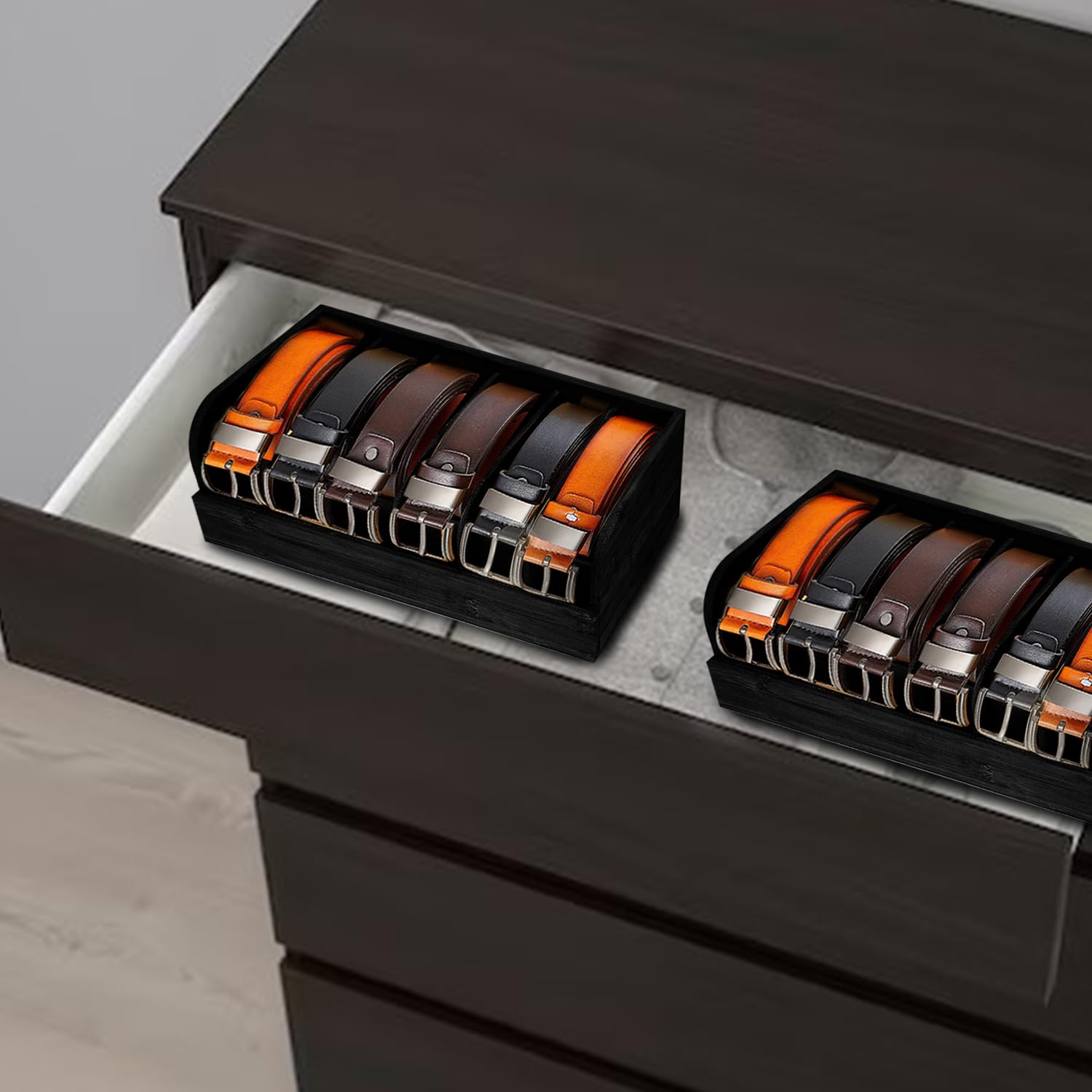 GTI Gürtel-Organizer, 6 Fächer, Gürtel-Organizer für Schrank und Schublade, Bambus-Vitrine für Krawatte und Gürtel, Gürtelaufbewahrung für Männer und Frauen (2, Schwarz)