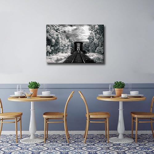 Vista 328 de 1 lienzo decorativo para pared, ferrocarril a través del bosque de pinos con niebla, decoración moderna para el hogar, sala de estar, arte de pared