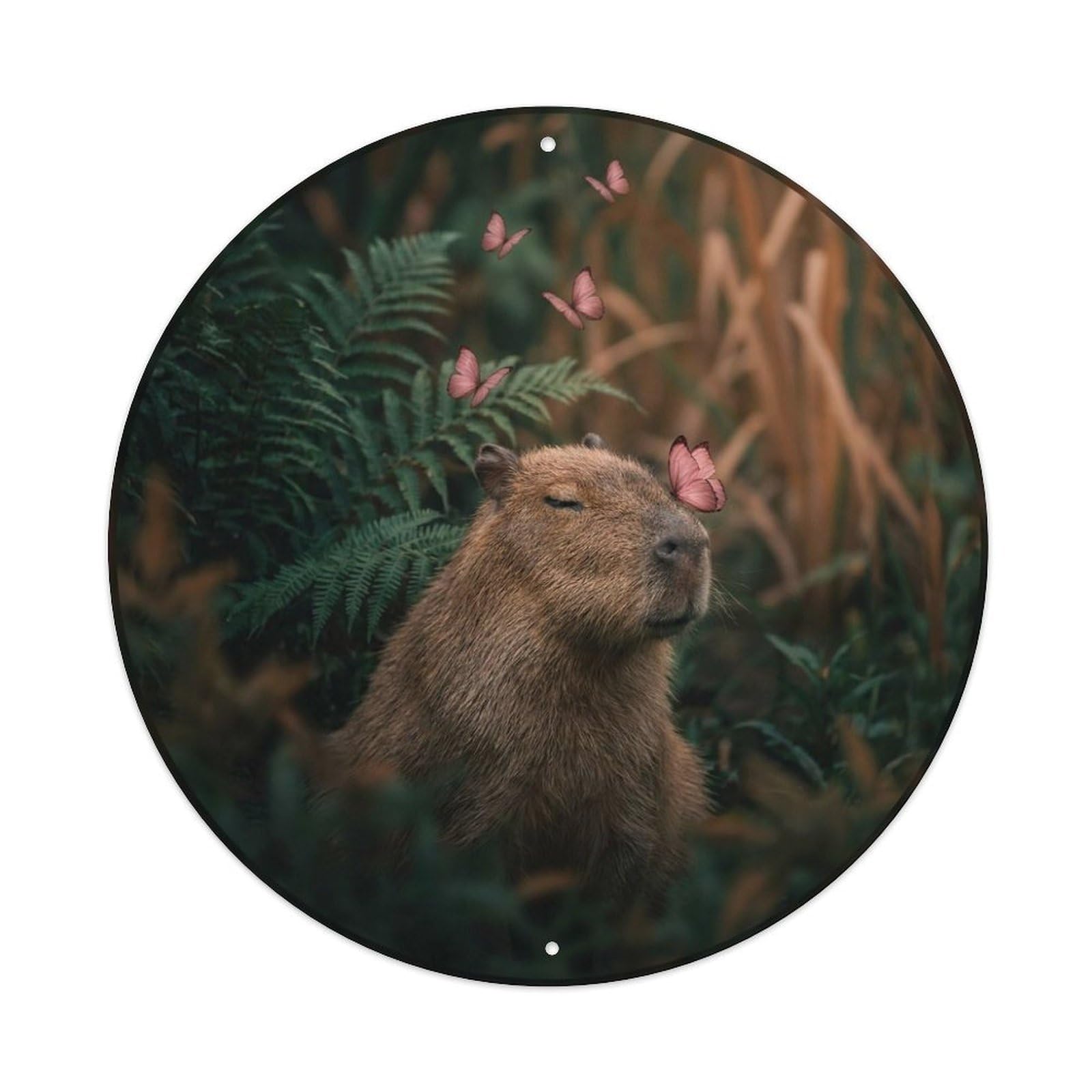 Pink Butterfly Capybara Cute Animal River Forest Kawaii Metal Tin Sign Plaque Wall Decor for Cafe, Man Cave, Club Bar, Office, Home Garden Round Metal Poster 8x8Inch