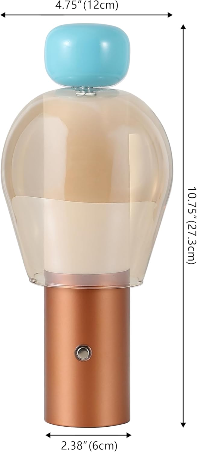 JONATHAN Y 10.75" Blue/Copper/Amber Modern Glam Rechargeable Cordless LED Lamp, Dimmable Touch Sensor Accent Light for Living Room, Amber Glass Shade (JYL7161B)