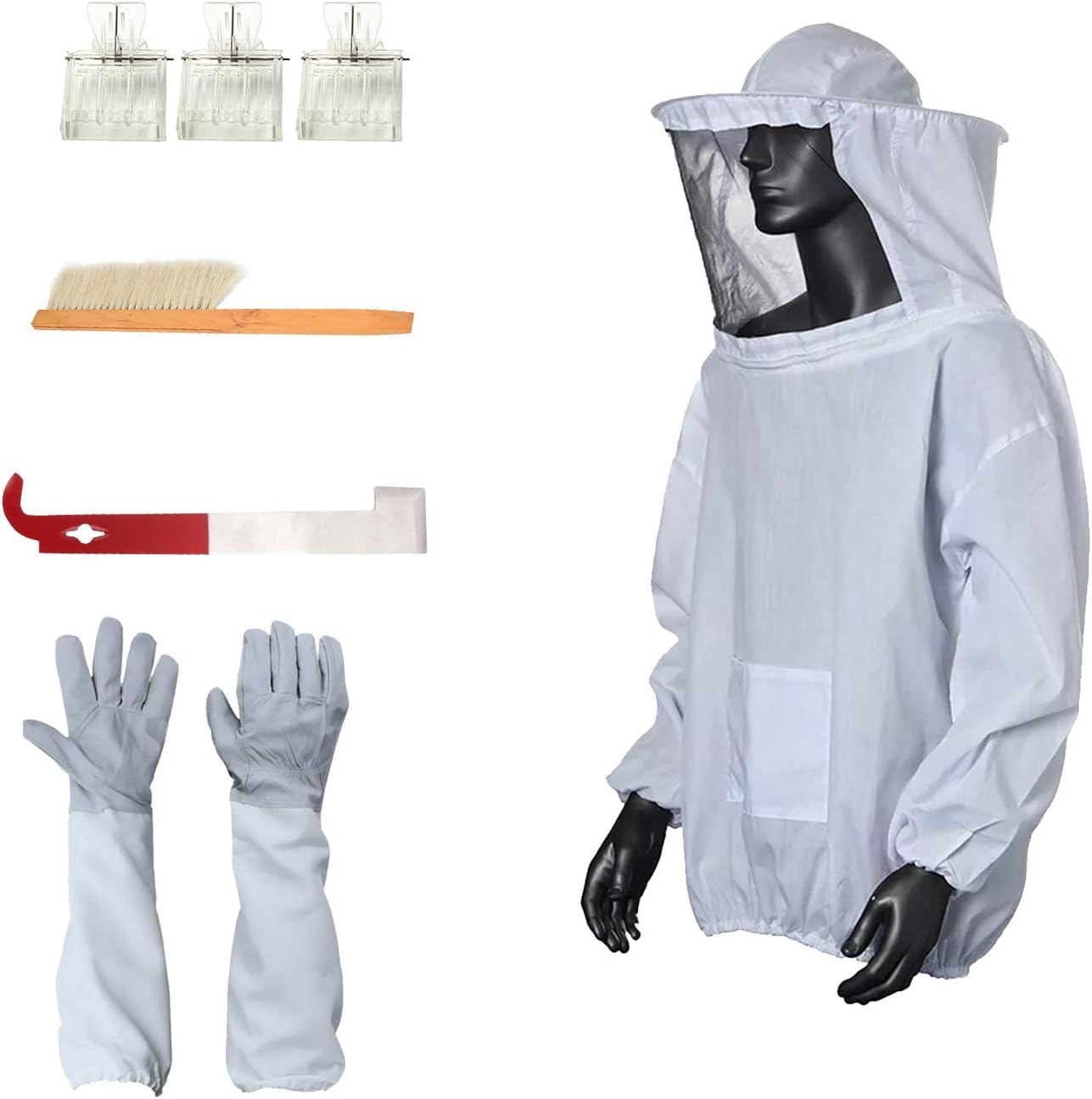 Beekeeping Suit Bee Jacket Beekeeping Gloves Protective Sleeves Beehive J Hook Hive Tool Bee Hive Brush Queen Bee Catchers for Beekeeper Supplies Hive Tool Set