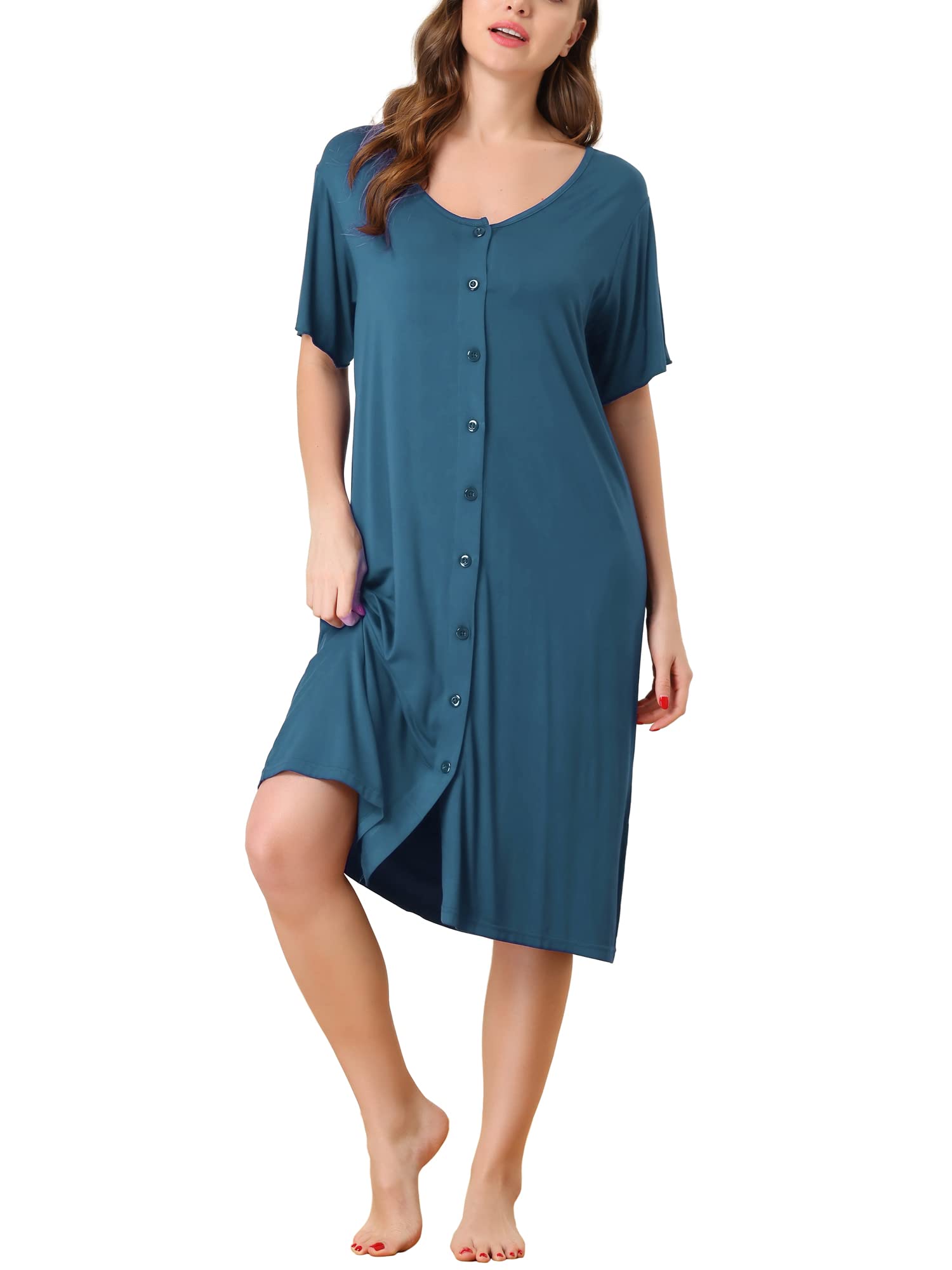 Cheibear Women's Blue Modal Nightshirt Soft Button Down Nightgown Short Sleeve Pajama Sleepshirt Xl