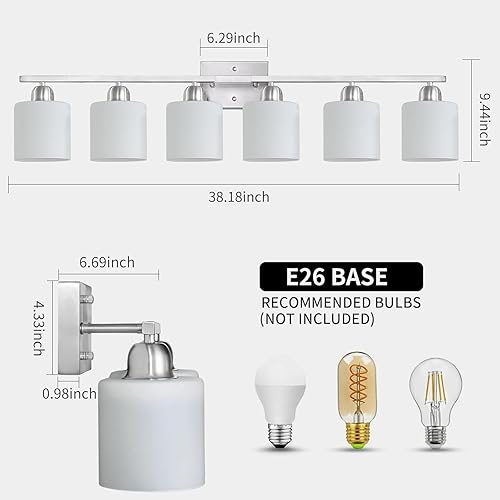 Miniatura 2 de Lámpara de tocador de níquel cepillado para espejo grande, 6 lámparas de baño sobre espejo con pantallas de vidrio esmerilado blanco lechoso, luz de