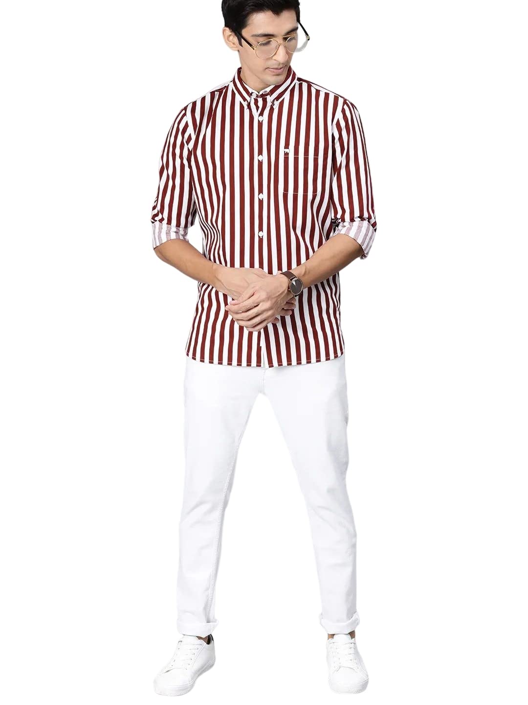 THE BEAR HOUSE Men's Cotton Slim Striped Casual Shirt |Maroon |L |TBH-Piranha-MR-L |