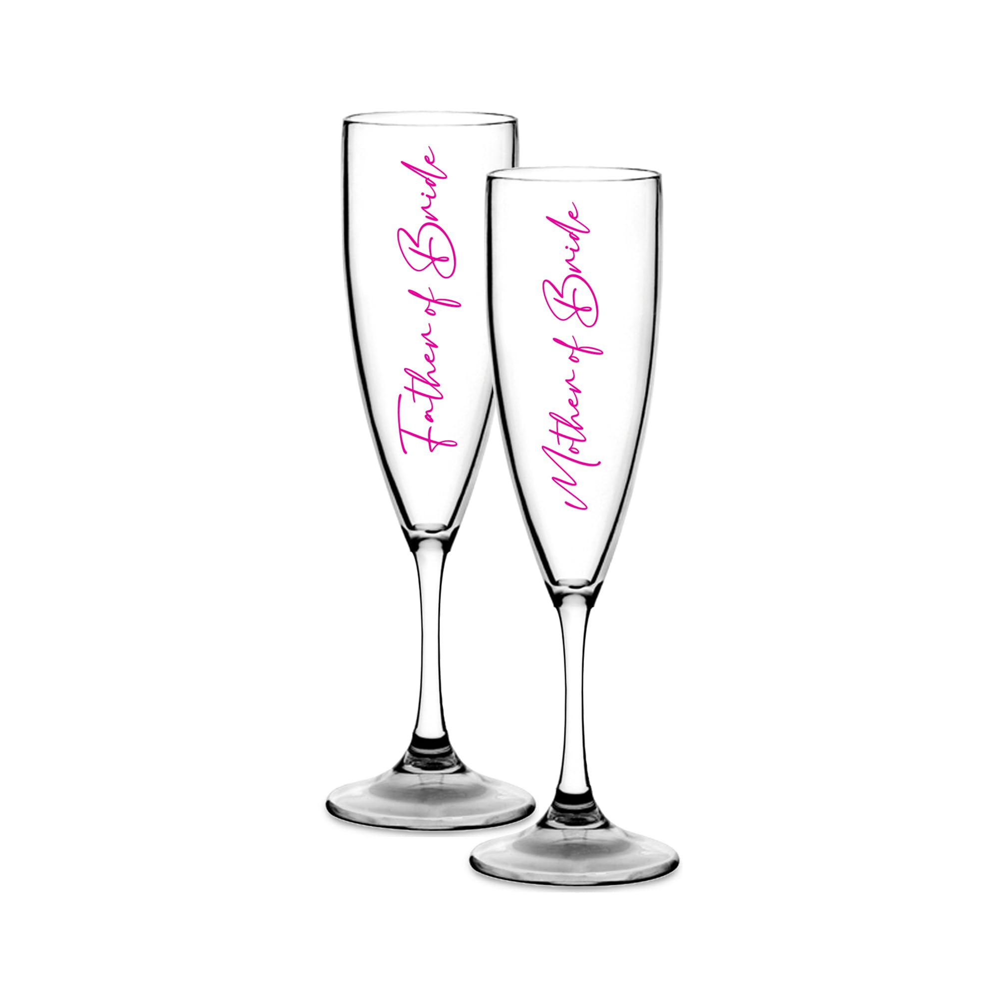 Print Maniacs Champagne Premium Clear Flute Glass Bride Groom Mr Mrs Wedding Maid Honour Wine Cocktail Prosecco Celebrations Gift (Pink, Mother + Father Bride Set)