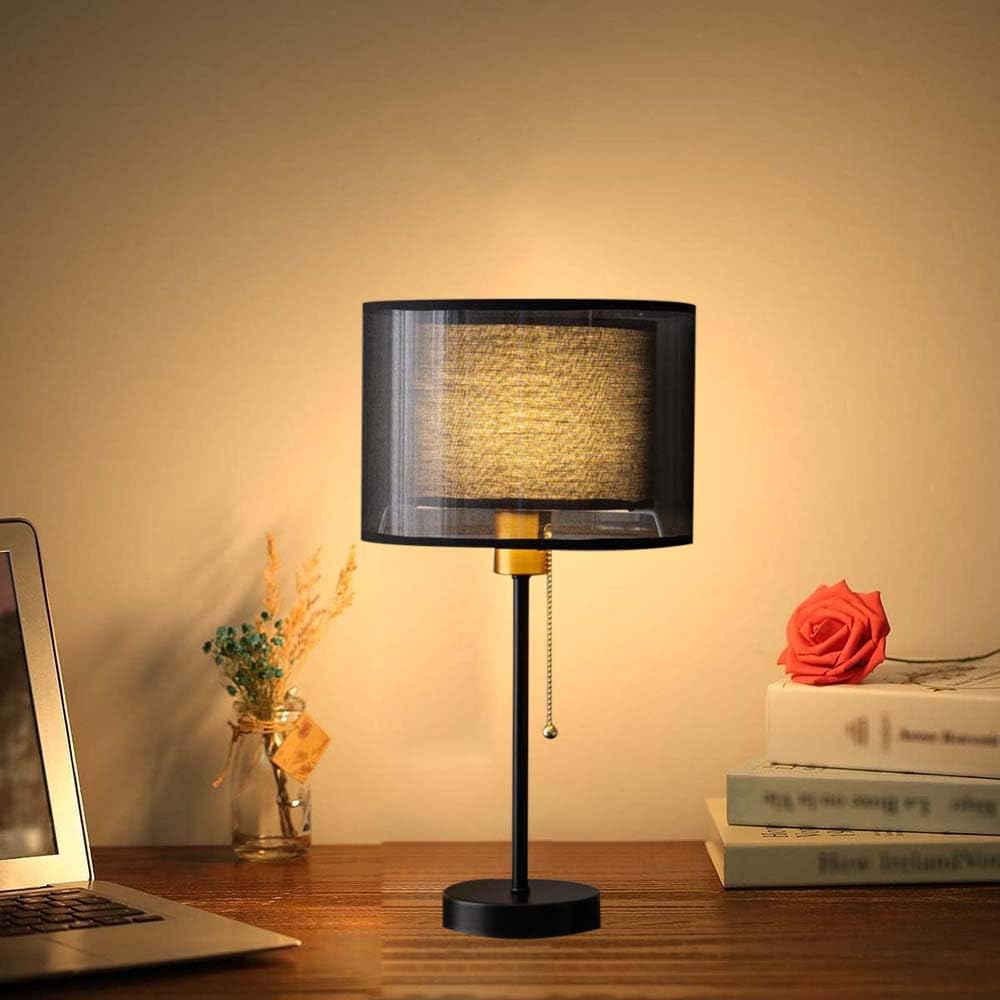 Mengjay Lampada da Tavolo Moderna, Base in Metallo Nero, Paralume in Tessuto, Altezza 49 cm, Interruttore a Catenella (Stile: Nero)