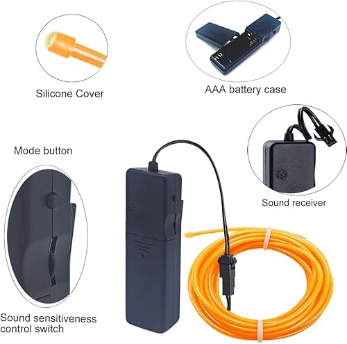 Miniatura 5 de MaxLax Cable EL, color amarillo, luz activada por sonido, luz constante, flash lento, 9 pies, luces de neón, alambre electroluminiscente brillante
