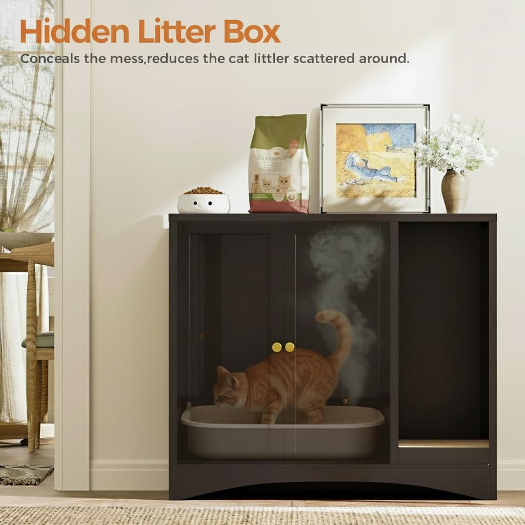 AUN Cat Litter Box Enclosure Hidden Cabinet, Easy Clean Steel Frame Pet House Furniture, Cat Washroom with Curved Entry, Dog-Proof, Black, 31.5x19.6x27.5 Inches, Indoor Use - image 5