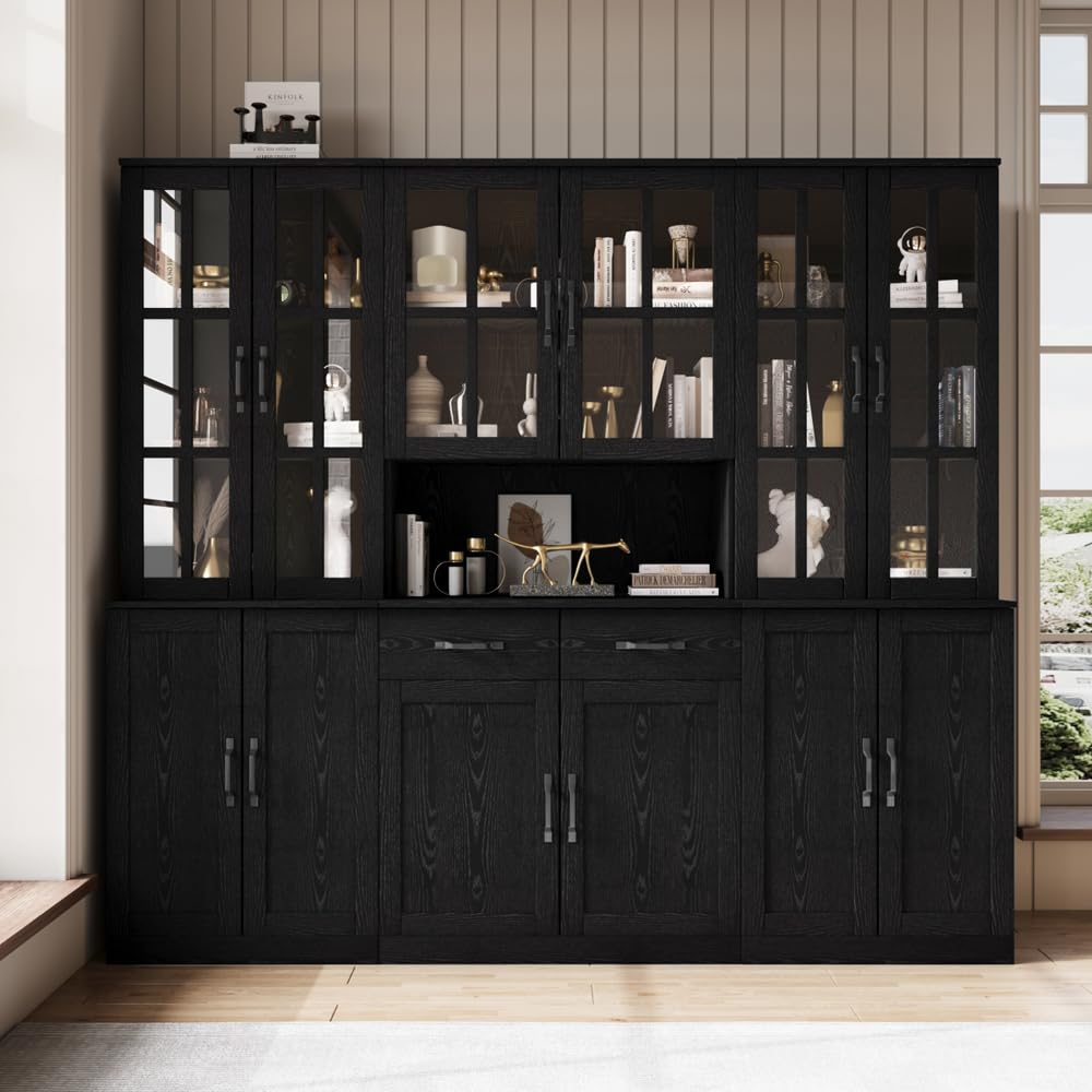 VOWNER Bookcase with Glass Door, 5-Tier Modern Bookshelf with Large Drawer, Glass Display Cabinet with Large Storage Shelf, Combination Storage