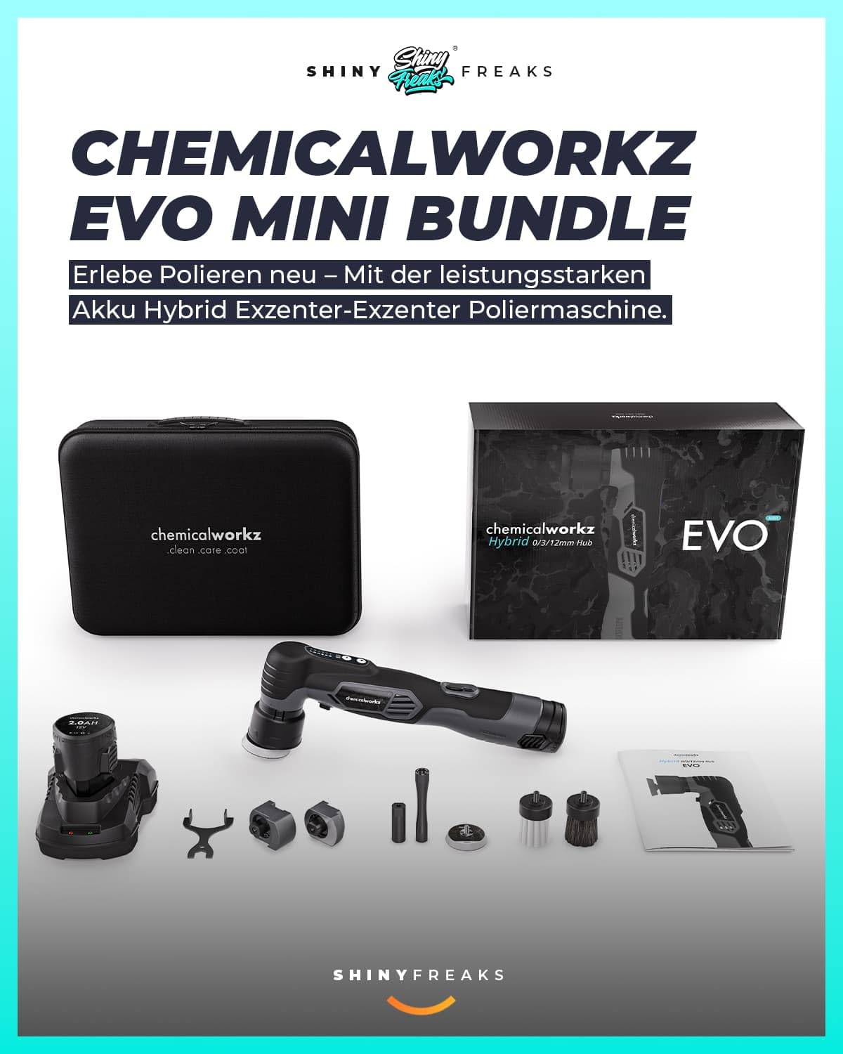chemicalworkz EVO Mini Akku Poliermaschine 25-teiliges Set I Exzenter & Rotation I mit Akkus Adaptern Stütztellern Pads Sonax-Polituren und Zubehör