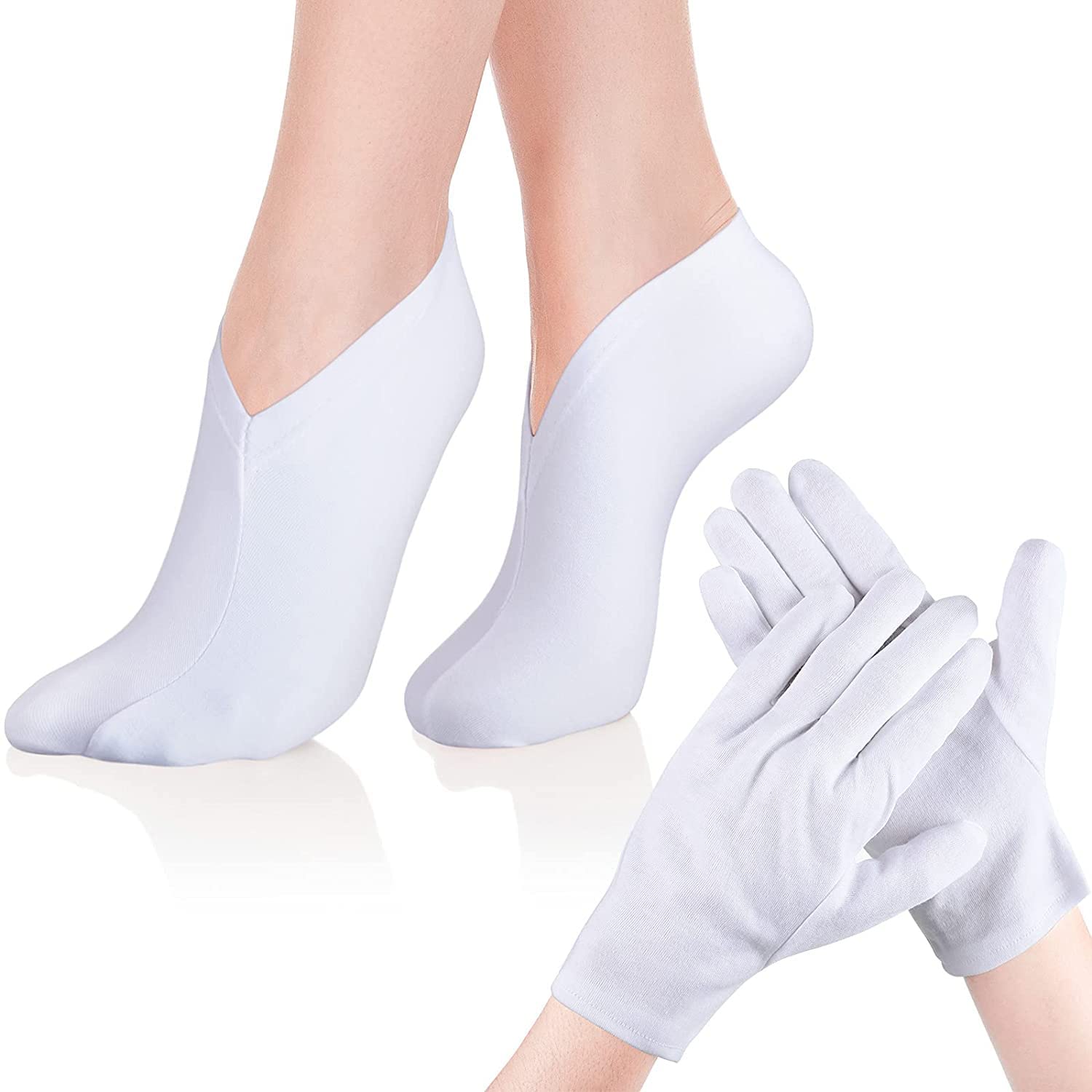 Moisturizing Socks and Gloves Set, 4 Pairs Spa Socks and 4 Pairs White Gloves for Dry Hands, White Cloth Gloves Premium Cotton Spandex Socks, Cosmetic Moisturizing Socks for Women and Men,