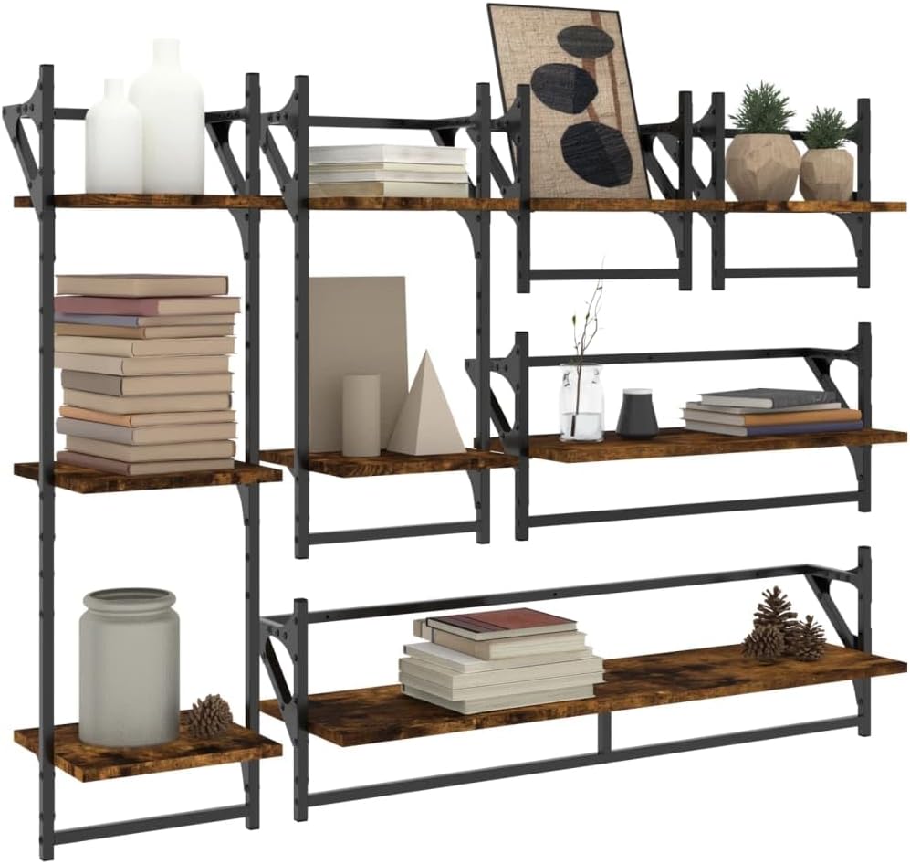 6 Piece Wall Shelf Set with Bars, Smoked Oak Engineered Wood Floating Shelves for Room Decor, Kitchen, Bathroom, Living Room Storage