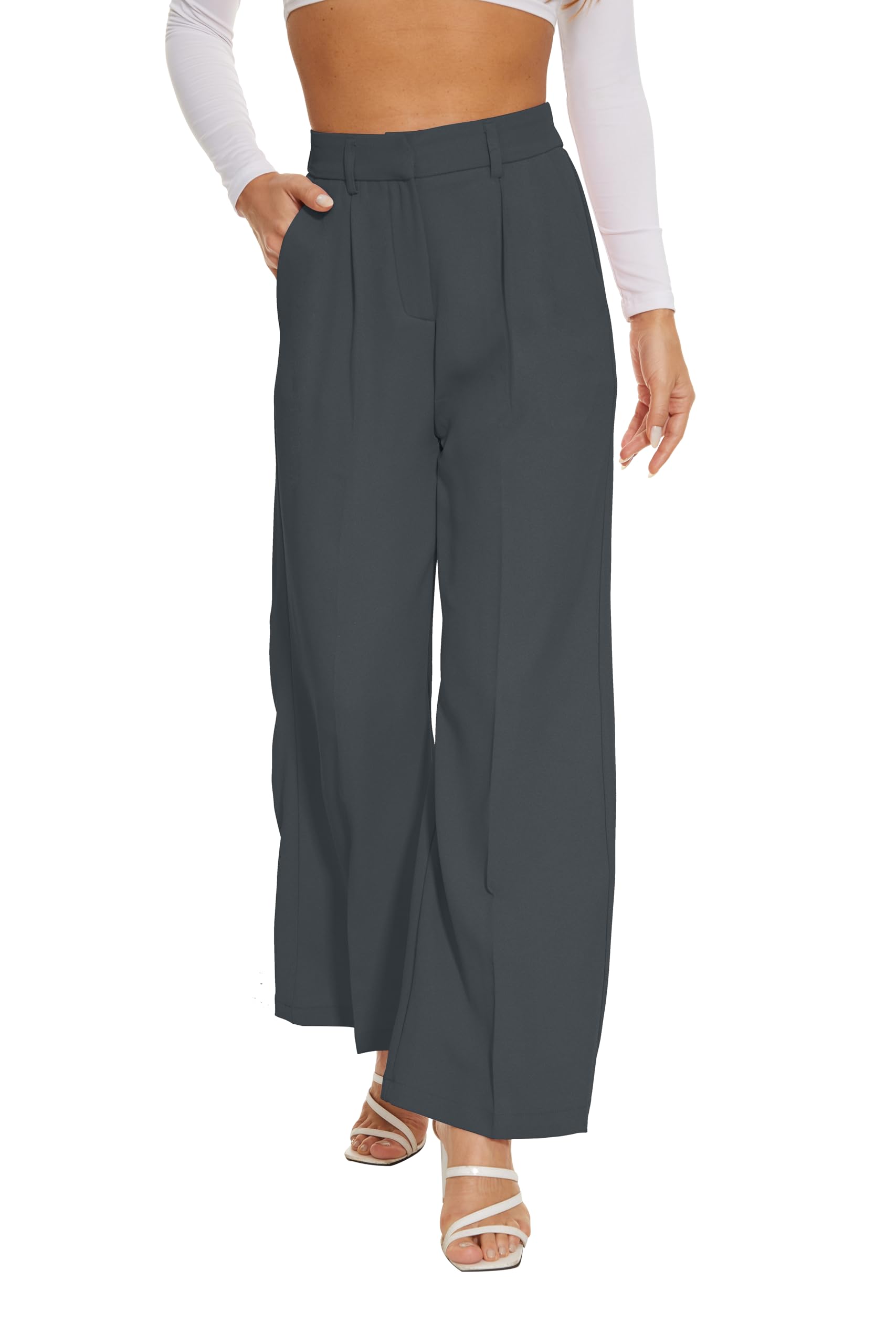 FUNYYZO Wide Leg Pants Women's High Elastic Waisted in The Back Business Work Trousers Long Straight Suit Pants — view 38