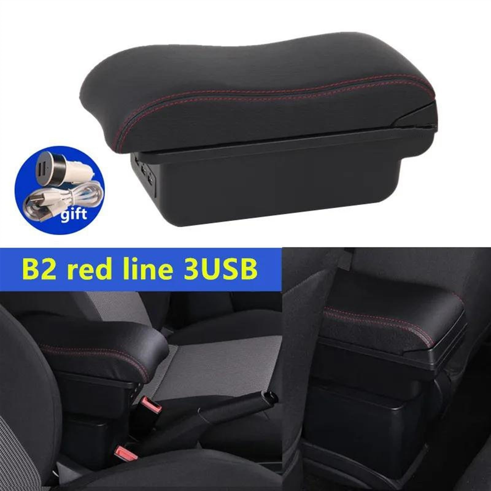 Box Bracciolo Con Supporto Multifunzionale Imbottito In PU Per Accessori La Modifica Degli Interni Dell'auto Per I20 2021-2024 Consolle centrale(B2 Black red 3USB)