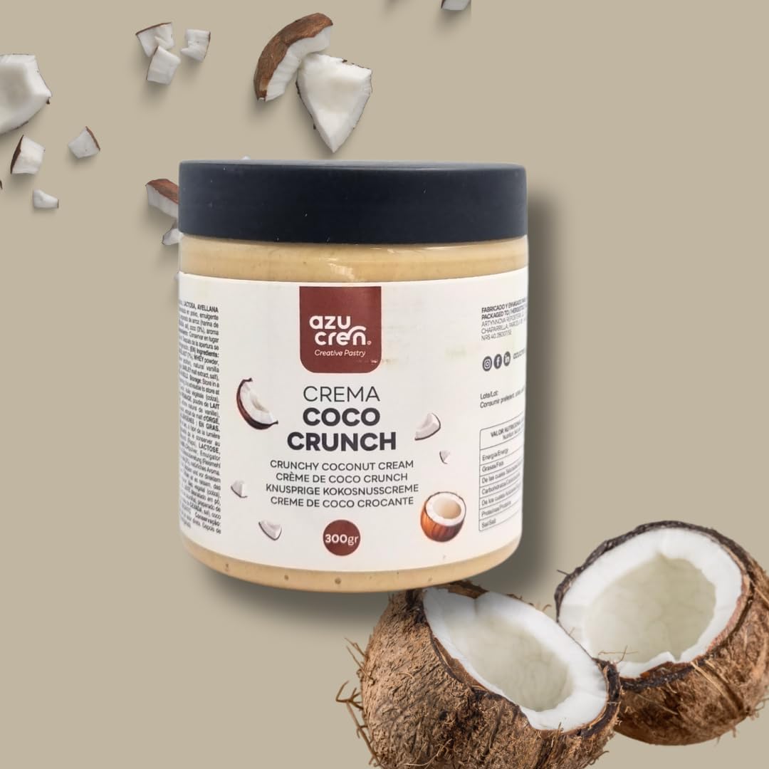 Azucren, Crema de Coco para Untar con Crujiente de Avellana, Crema para Rellenar Tartas, Perfecta para Combinar con tus Desayunos, Meriendas y Aperitivos, Prepara Helados con Coco Crujiente, 300 G