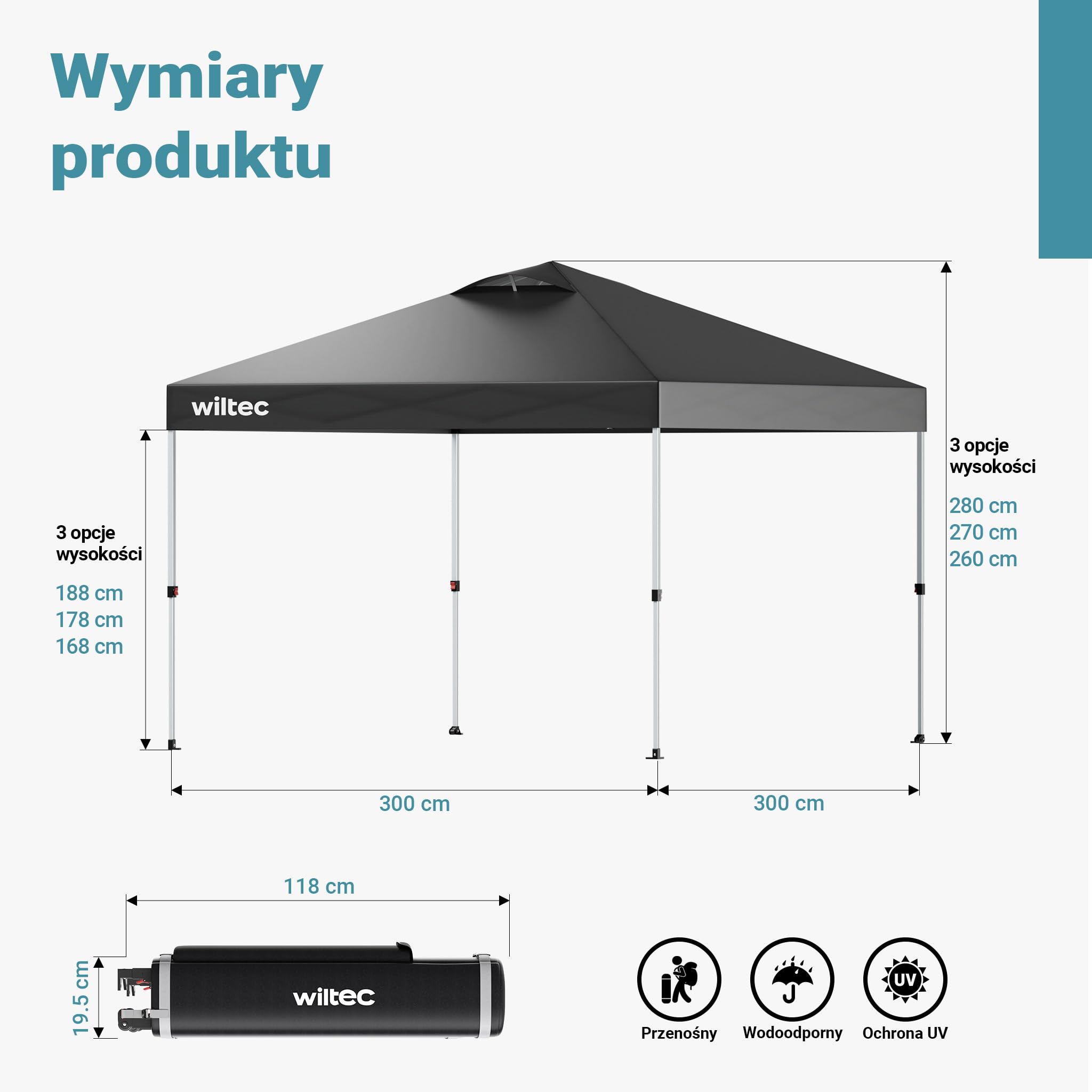 Wiltec Pop-up Pawilon składany na kołach pawilon ogrodowy szary 3x3m One push namiot imprezowy