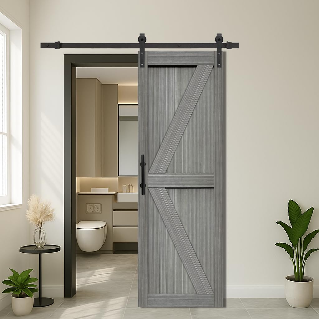 S&amp;Z TOPHAND® 28in x 84in MDF Elephant Gray Barn Door with 5FT Sliding Door Hardware Kit, Solid Barn Door Slab Covered with Water-Proof PVC Surface/Simple Assembly is Required