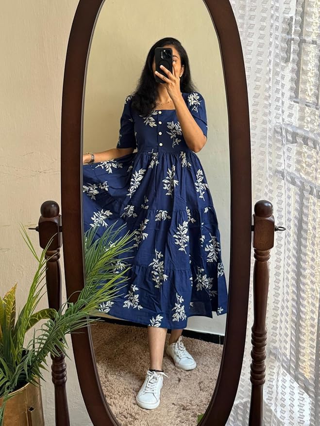 Image of Women's Pure Cotton Maxi Midi Dress Western Dress for Women Elegant Floral Printed Long Dresses | Soft & Breathable Fabric | Casual Trending Dress for Women