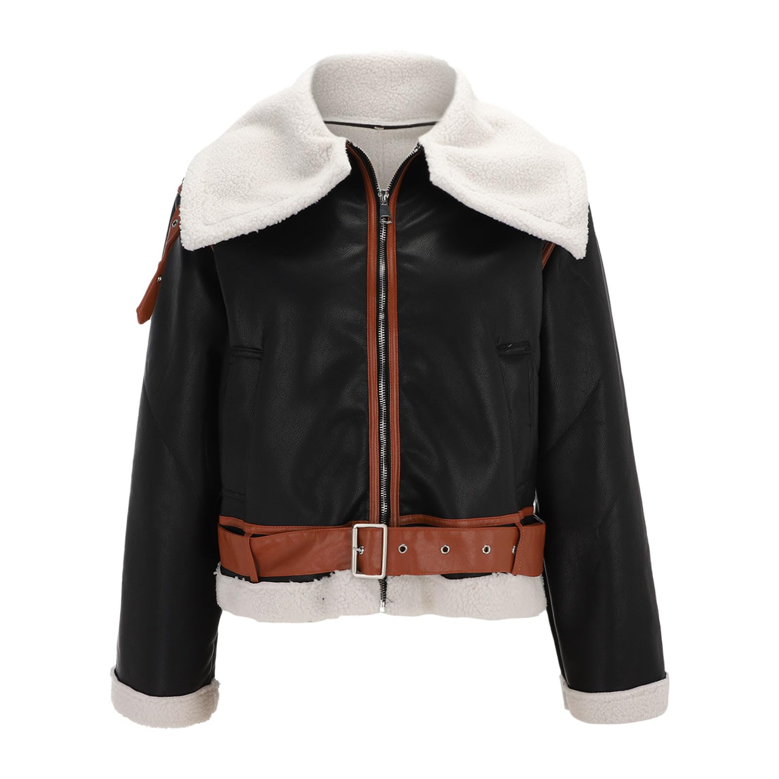 Kunstlederjacke Damen Mit Kuscheligem Innenfutter Warm Winterjacke Mit Teddyfutter Revers Lederjacke Kunstpelz Mantel Bomberjacke Wildlederjacke Dicke Biker Motor Reißverschluss Outwear