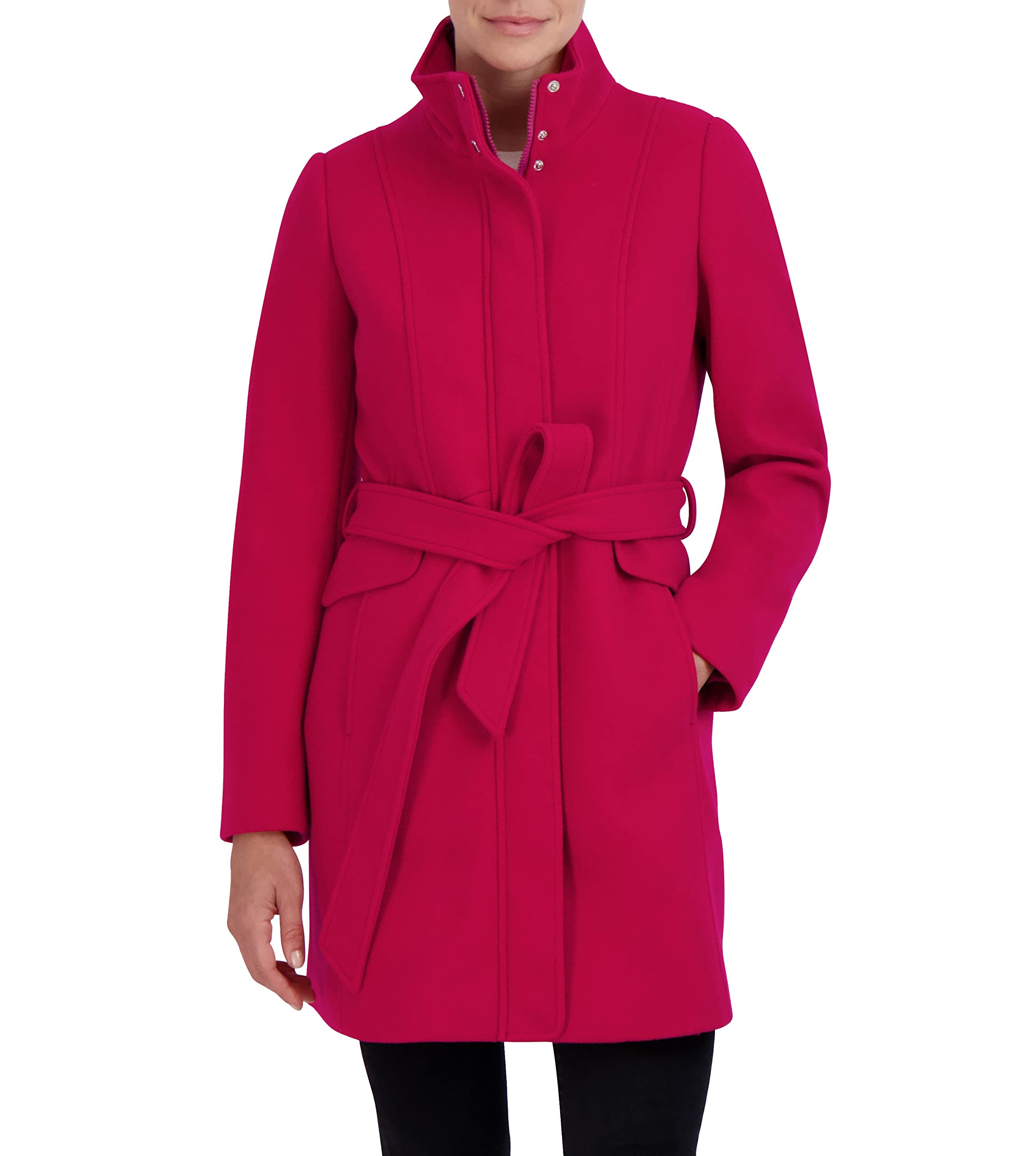 Laundry by Shelli Segal Women's 3/4 Faux Wool Coat Snap Placket Zipper  Front Tie Waist Belt 34