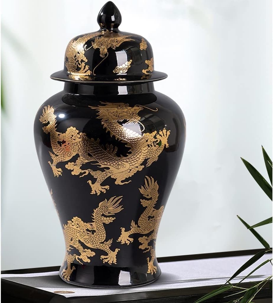 Niebieski, złoty, chiński, tradycyjny ceramiczny wazon na imbir w kształcie smoka, do dekoracji wnętrz, duży ceramiczny wazon na imbir z pokrywką, średni biały