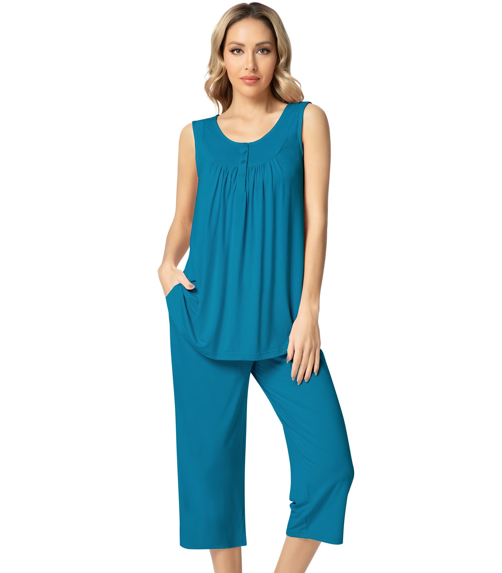 NACHILA Pajamas for Women-Viscose Made from Bamboo Sleeveless Pjs Tank Top Capri Pants Pajama Sets Cooling Sleepwear