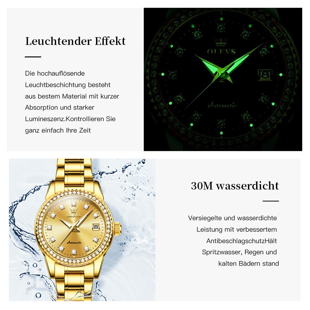 OLEVS Gold-schwarz Diamant Frauen Uhr Automatische Mechanische Luxus Kleid Klassische Edelstahl Armband Damen Uhr
