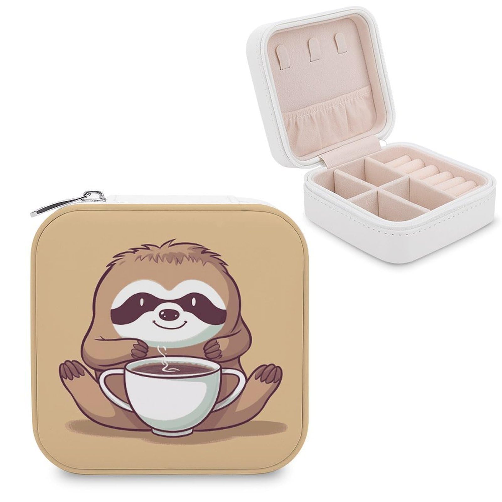 MUSM Yoga Sloth Coffee Travel Jewelry Case Personalized PU Leather Jewelry Boxes for Women Small Portable Jewelry Organizer Box Cute Trinket Box for Necklaces Rings Earrings & Gifts