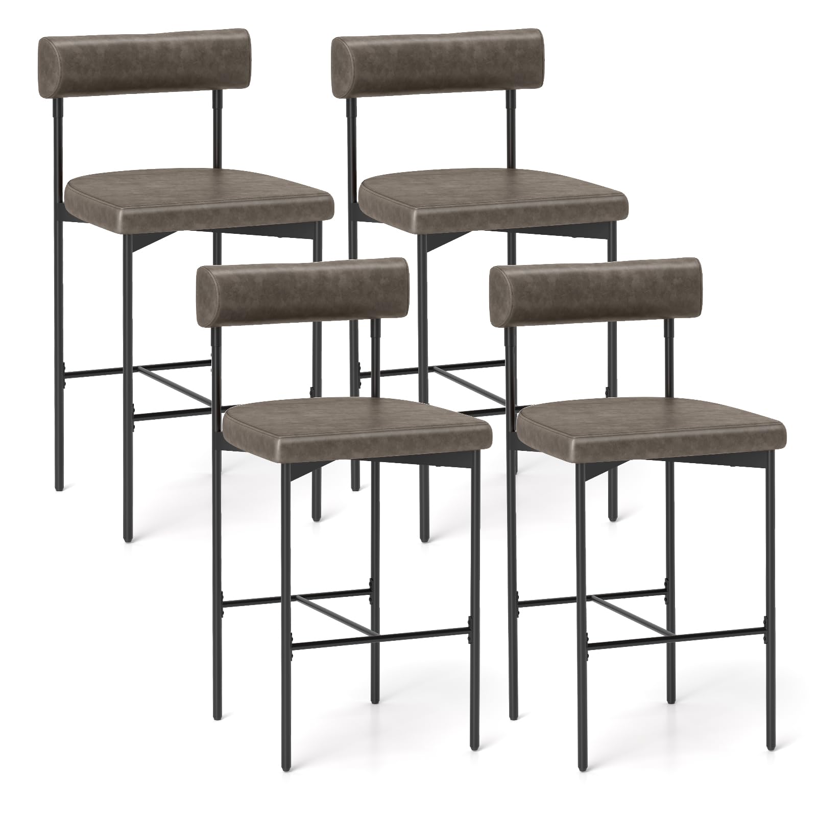 Giantex Counter Height Bar Stools Set of 4, 26 Inch Upholstered Bar Chairs with Back, Padded Cushion, Footrest, Metal Frame, Modern Faux Leather