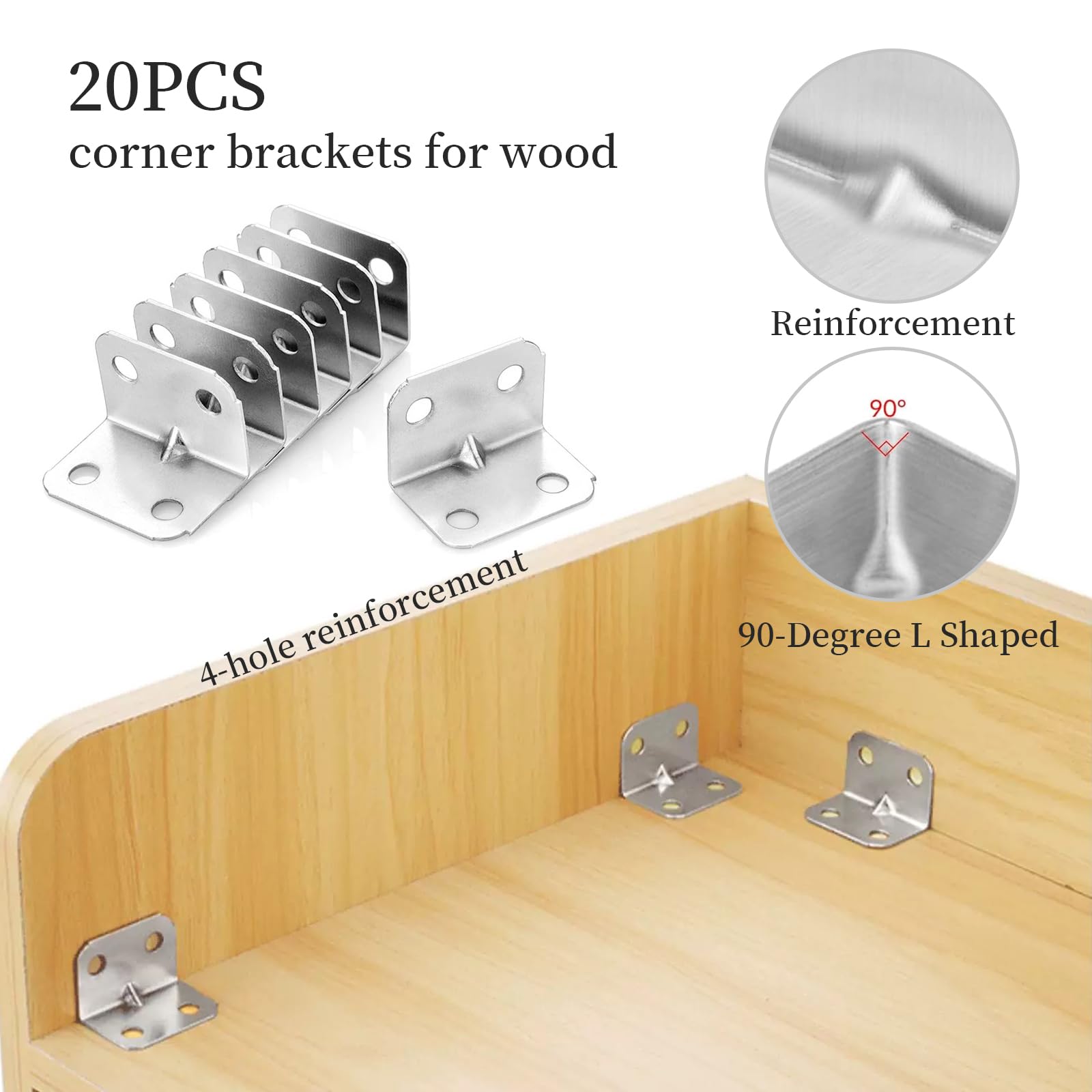 20PCS L Brackets, Stainless Steel Corner Brackets, 90 Degree Corner Brace with 80 Screws - Image 3