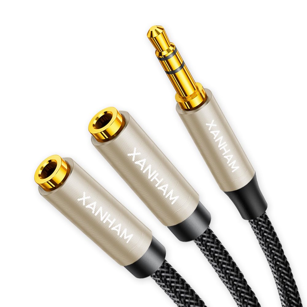 XANHAM 3.5mm Audio Stereo Y Splitter TRS Aux 1/8 Inch Mini Jack Extension 1 in 2 Out Adapter Cable for Headphone Audio Sharing Compatible with iPhone,