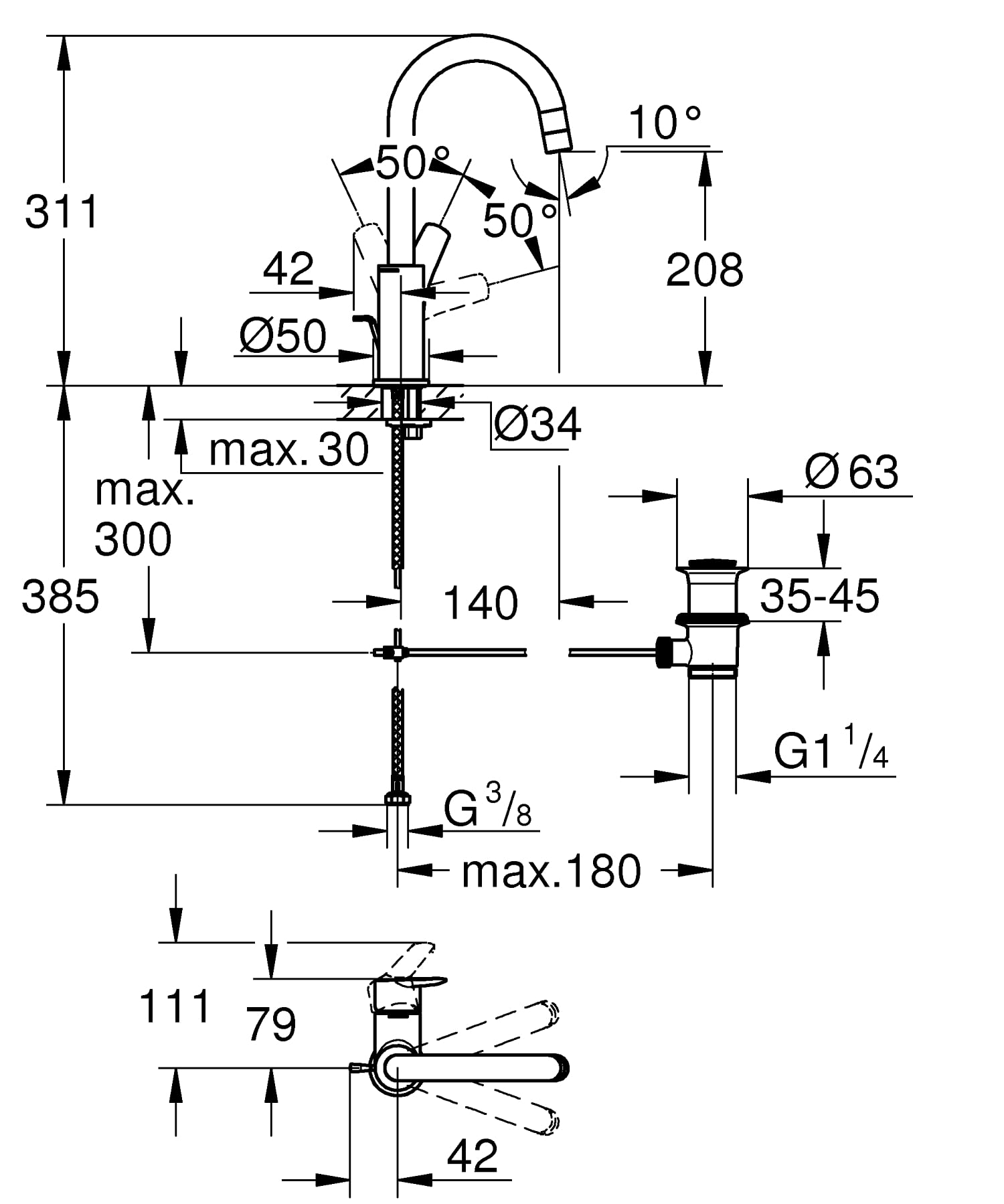 Grohe Start QuickFix bateria umywalkowa jednouchwytowa L, wysoka wylewka, obrotowa wylewka, automatyczny spust, mniejsze zużycie wody, szybki montaż, wysokość 311 mm, chrom, 24203002