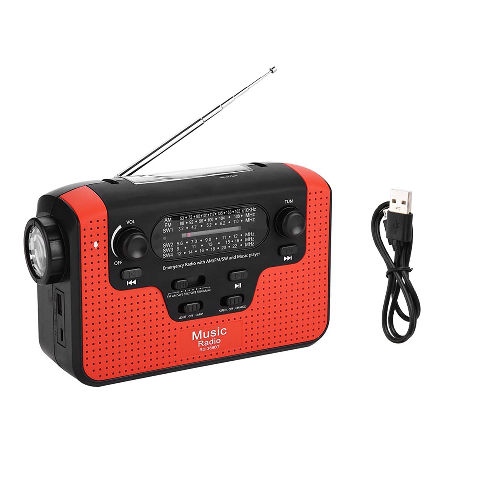 Radio à Manivelle Solaire D'urgence, Radio à Manivelle Solaire RD-388 FM/AM/SW, avec Lampe de Poche LED, Chargeur de Téléphone/appel Mains Libres, pour Extérieur/lecteur de Musique/camping(rouge)
