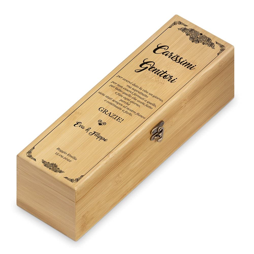 Maverton Cassetta Porta Vino Amore con Accessori - Kit Cavatappi da Vino Personalizzato - Scatola in Legno di bambù + 4 Pezzi di Accessori Vino - Idee Regalo per Anniversario - Ringraziamento