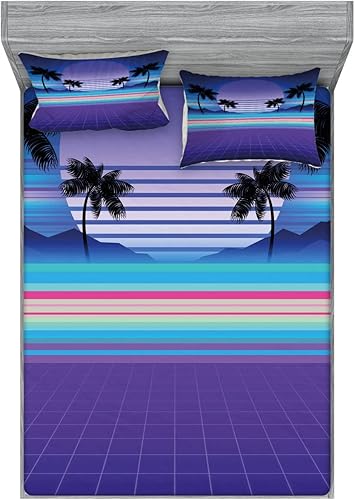 Ambesonne Synthwave 2 Pack Fitted Sheet & Pillow Sham Set, Funky Stripes and Palms, 4 Pcs Bedding Decor, Package Contains 2 Calking Size Fitted