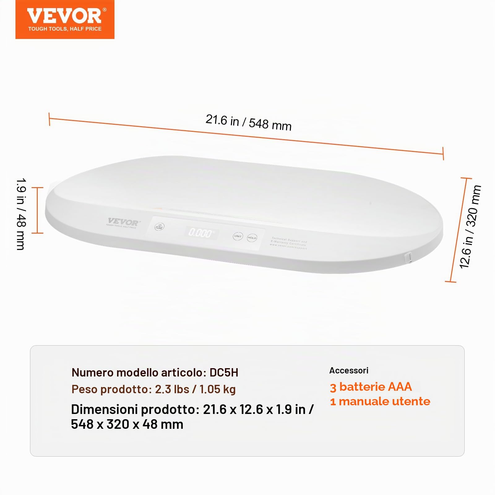 VEVOR Bilancia Digitale per Neonati con Metro a Nastro, Bilancia Multifunzione per Bambini, Monitorare Peso Altezza con Funzione Hold & Tare Bambini Piccoli, Animali Domestici, Capacità 40 kg