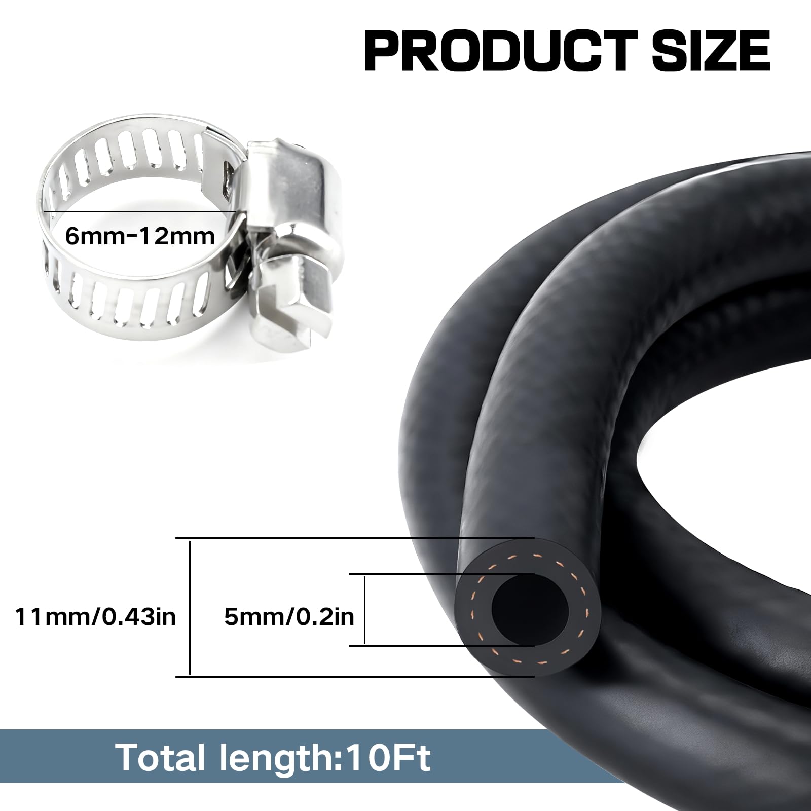 5mm Fuel Line Hose,Fuel Hoses,Gas Line Hose,1 Meter Rubber Pipe with 6 Hoses Clamps,Outer Diameter 11mm,Car Fuel Tube,Petrol Rubber Tube,Diesel Pipe for Trucks,Cars,Tractors and Small Engines - 2