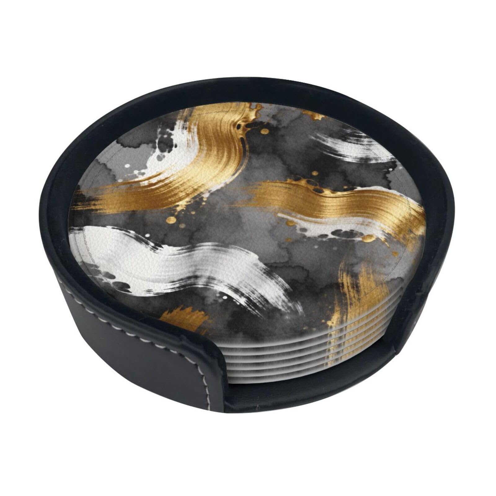 Cntdbu White Abstract Ink Painting Leather Coasters Set Of 6-Pu Leather Drink Mats For Table, Heat Resistant Round Coasters With Holder