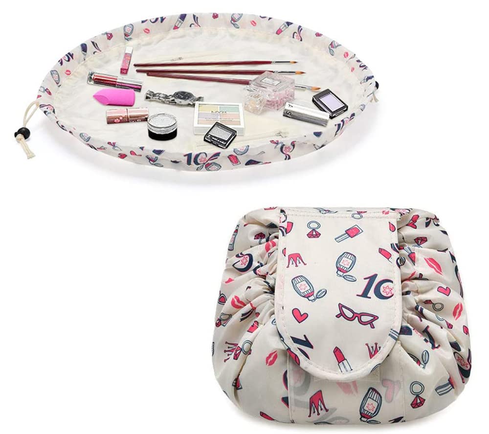 ELECDONLazy Drawstring Make up Bag, Portable Large Travel Cosmetic Bag Pouch Travel Makeup Pouch Storage Organiser for Women Girl Lipstick Large Capacity Flat Toiletry Bags (7 x 10 Inch)