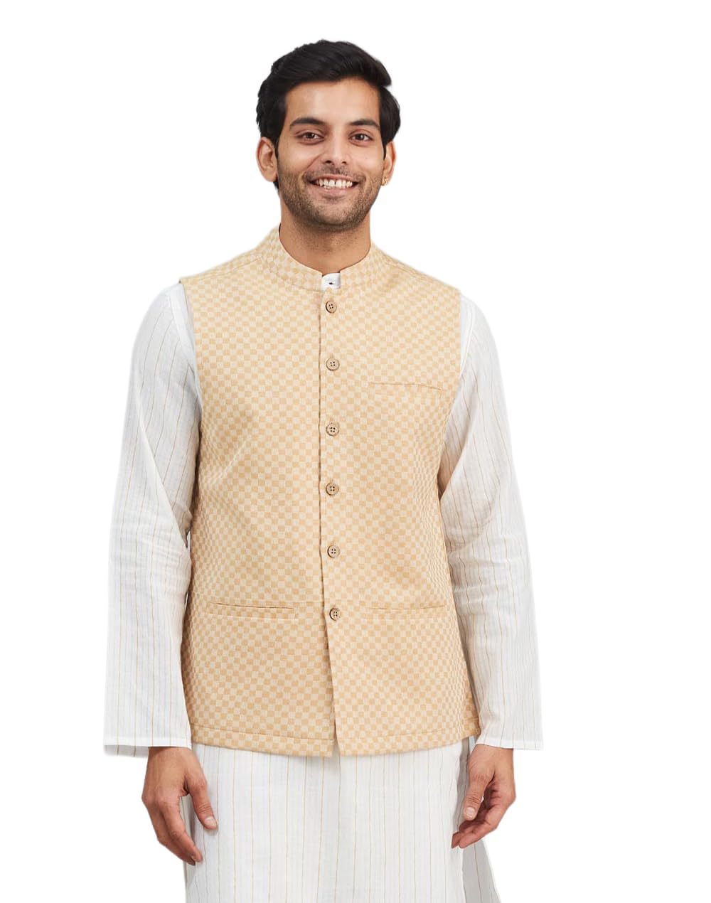 fabindia Beige Cotton Checks Nehru Jacket-picture-31