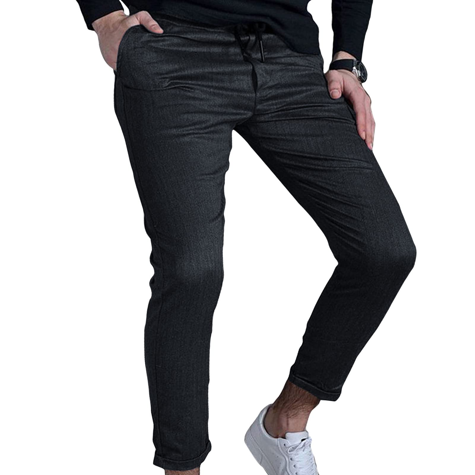Maiyifu-GJ Mens Striped Elastic Waist Drawstring Pants Slim Fit Tapered Chino Pant Mid Waist Bussiness Dress Trousers