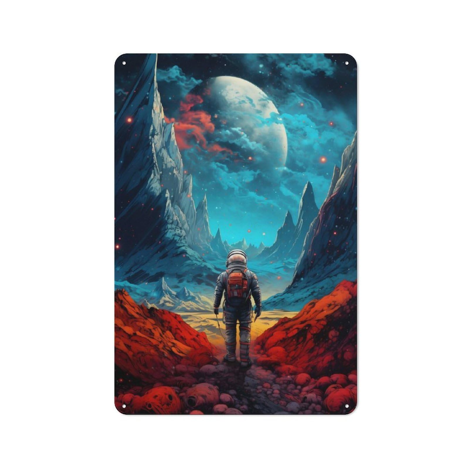 Junmoney Astronaut Landscape Vintage Tin Sign 30X20cm For Garden Room Or Summerhouse, For A Newly Organised Room And Metal Sign Display