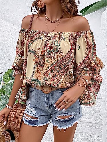 Floerns Women's Off Shoulder Flounce Sleeve Boho Printed Summer Blouse Top3