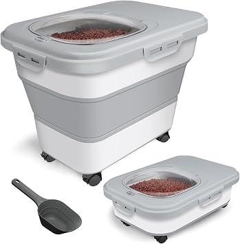 TIOVERY Dog Food Storage Container, 10-20lbs Collapsible Dog Cat Food Containers with Airtight Clear Flip-top,Rolling Wheel and Pet Food Scoop, Pet Food Storage Container Bin for Dog Cat Bird Pets