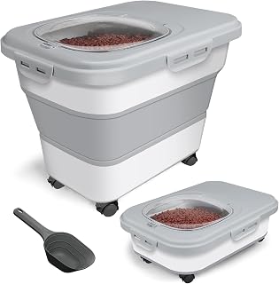 Dog Food Storage Container, 10-20lbs Collapsible Dog Cat Food Containers with Airtight Clear Flip-top,Rolling Wheel and Pet Food Scoop, Pet Food Storage Container Bin for Dog Cat Bird Pets