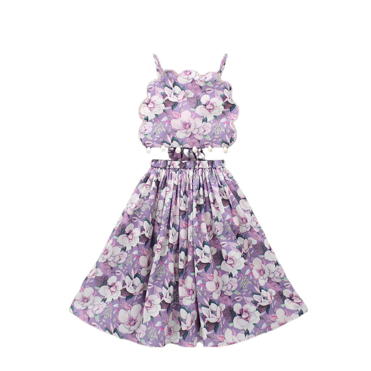 Girls Floral Lehenga Choli Set | Sleeveless Printed Crop Top & Flared Skirt | Ethnic for Kids | Traditional Outfit for Weddings & Celebrations