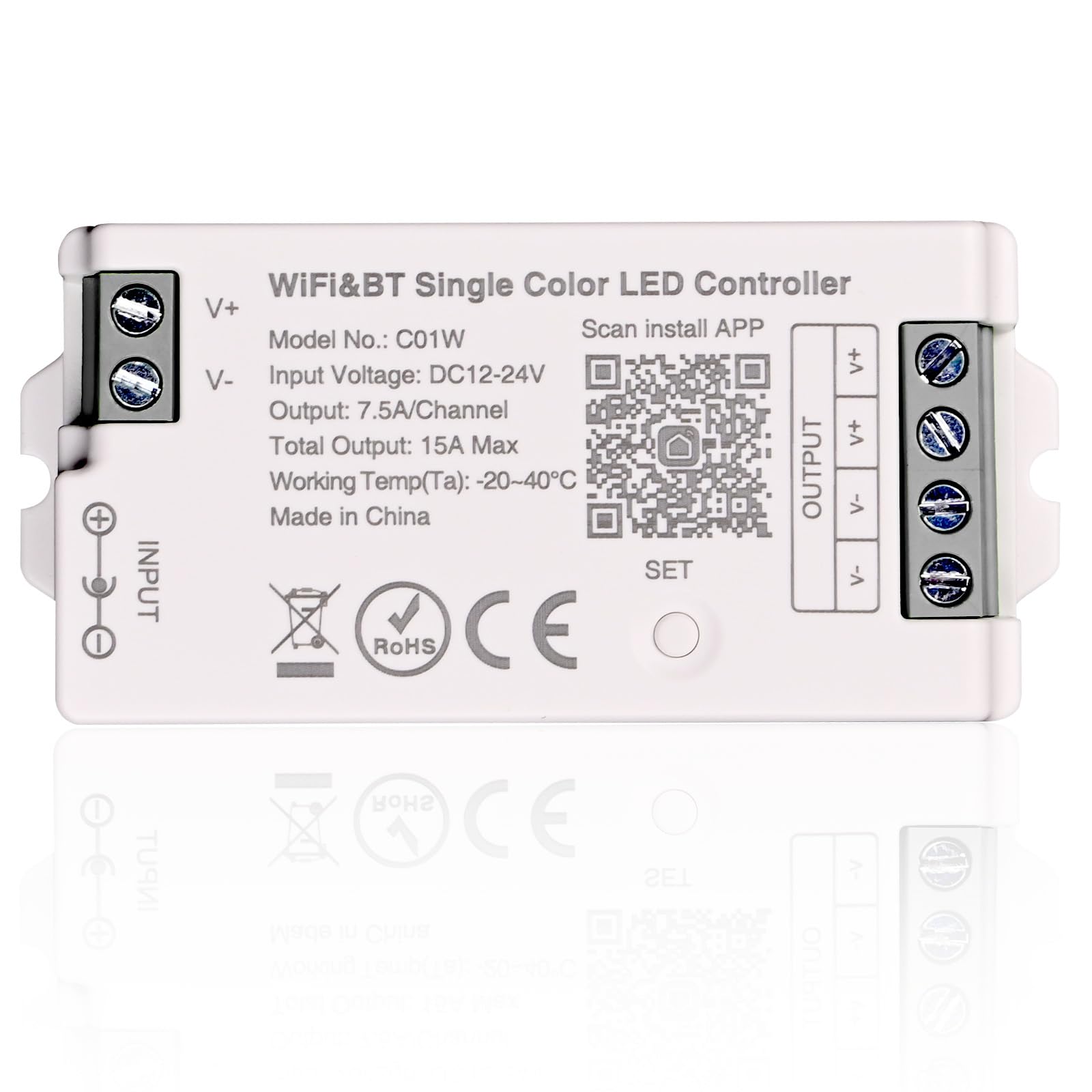 TUNICHX C01W Monochrome LED Strip Controller with WiFi and Bluetooth logos.