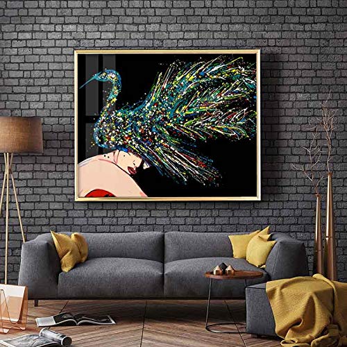 Peinture sur toile de paon moderne pour décoration de salon, grand tableau coloré de 60x80cm