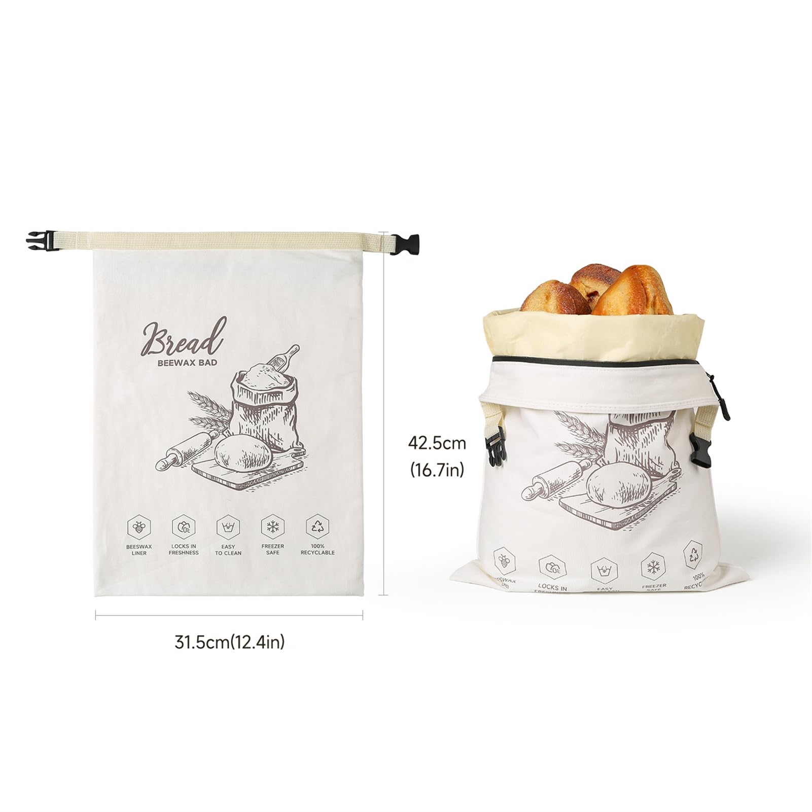 Bienenwachs Brotbeutel 2 Stück Wiederverwendbare groß Baumwollbeutel 43 x 32 cm zum Frischhalten von Brot & Backwaren